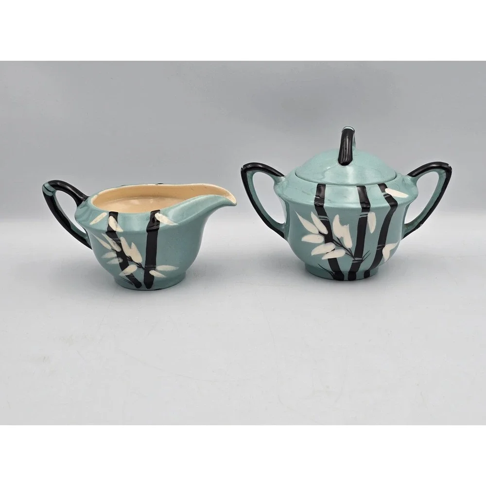 Weil Ware Bamboo Creamer Sugar Bowl Set Blue Turquoise MCM Fair Crazing